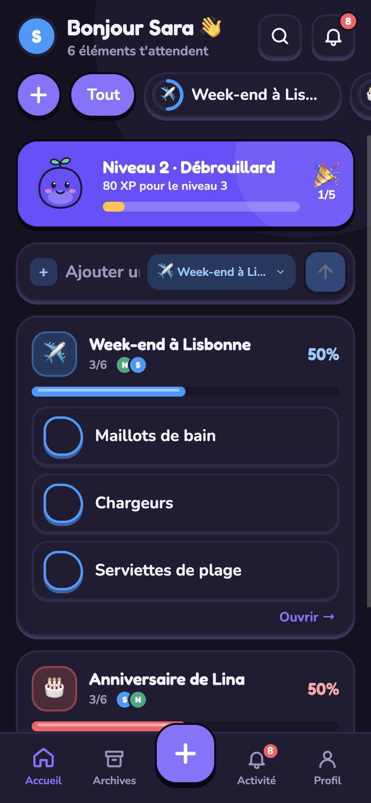 Écran d'accueil de Pazumi : listes en cours et niveau du joueur
